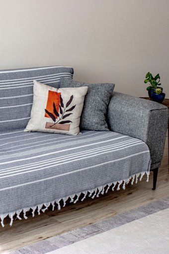 Softest Pamuklu Polar Saçaklı Süngersiz Çizgili Gri Tekli Koltuk Örtüsü 170x200 cm