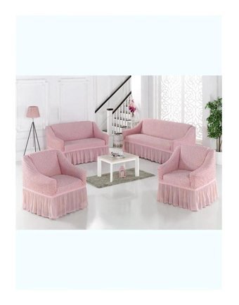 Uytm Polyester Bürümcük-Likralı Drapeli Süngerli Çizgili Giydirmeli Pembe Dörtlü Koltuk Örtüsü 180x230 cm