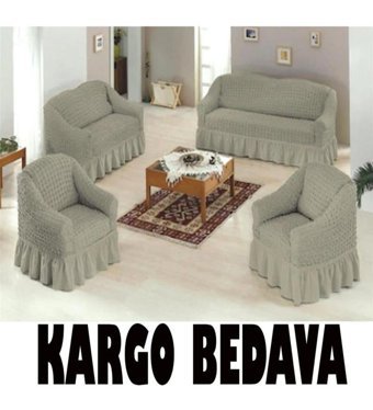 Altın Kelebek Pamuklu - Polyester Bürümcük Fırfırlı Süngersiz Giydirmeli Lastikli Gri Dörtlü Koltuk Örtüsü 180x230 cm