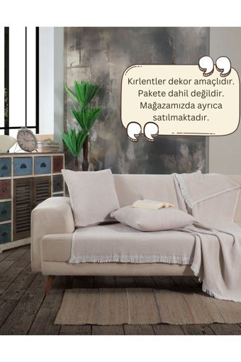 Lux Touch Lily Pamuklu Püsküllü Süngersiz Geometrik Desenli Bej Tekli Koltuk Örtüsü 150x200 cm