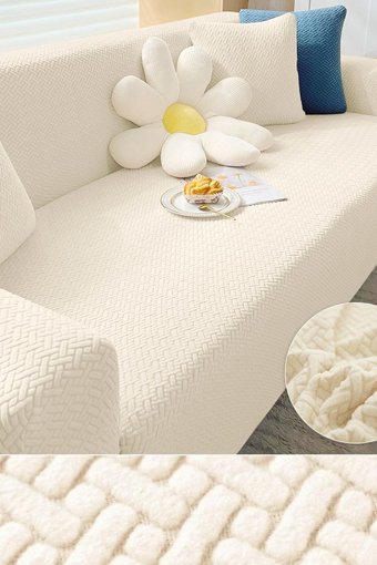 İntil Pamuklu - Polyester Likralı Süngersiz Tuğla Desenli Giydirmeli Krem Üçlü Koltuk Örtüsü 180x230 cm