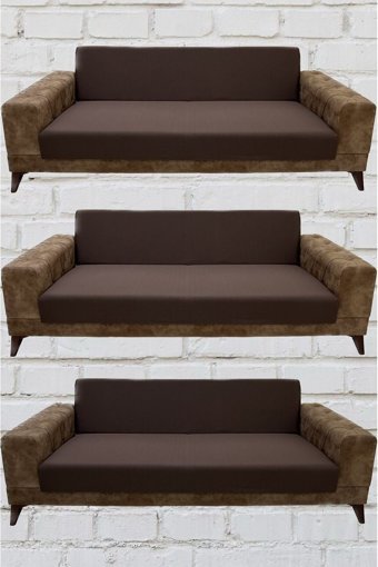 Şahane Ev Mikro Polyester Likralı Jakarlı Süngersiz Düz Giydirmeli Lastikli Kahverengi Üçlü Koltuk Örtüsü 75x55 cm