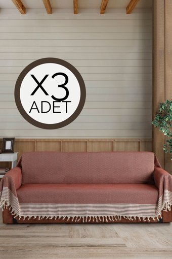 Lux Touch Pamuklu Püsküllü Süngersiz Geometrik Desenli Kiremit Üçlü Koltuk Örtüsü 180x300 cm