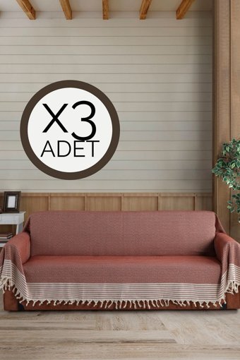 Lux Touch Pamuklu Püsküllü Süngersiz Geometrik Desenli Kiremit Üçlü Koltuk Örtüsü 180x300 cm