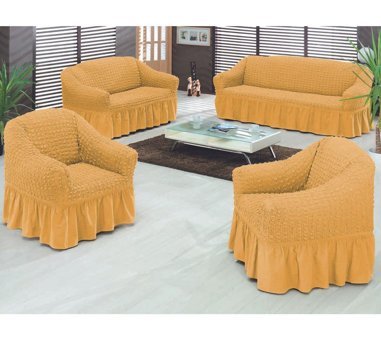 Bilgiçler Pamuklu - Polyester Bürümcük Fırfırlı Süngersiz Giydirmeli Lastikli Hardal Dörtlü Koltuk Örtüsü 183x230 cm