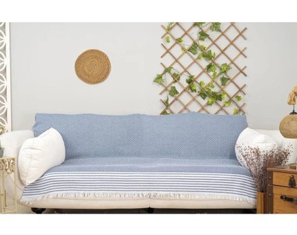 Ale Home Pamuklu Püsküllü Süngersiz Çizgili Mavi Tekli Koltuk Örtüsü 170x210 cm