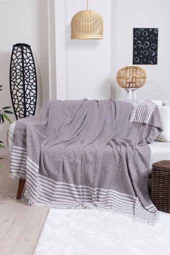 Ramsa Tekstil Naturel Pamuklu Örgü Saçaklı Süngersiz Geometrik Desenli Kahverengi Tekli Koltuk Örtüsü 170x210 cm