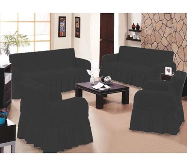 Güliz Collection Pamuklu Bürümcük Fırfırlı Süngersiz Kapitone Giydirmeli Siyah Tekli Koltuk Örtüsü 180x215 cm