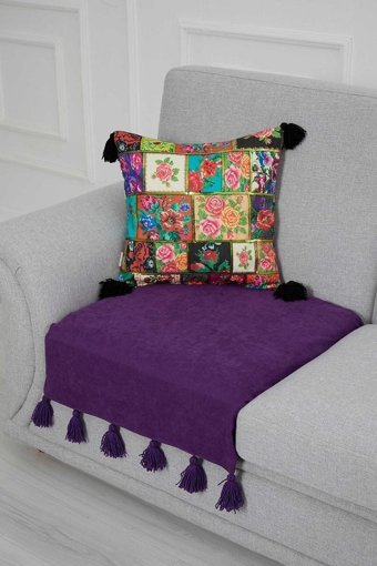Aisha's Design KO-19-T Polyester Örgü Püsküllü Süngersiz Düz Mor Tekli Koltuk Örtüsü 34x48 cm