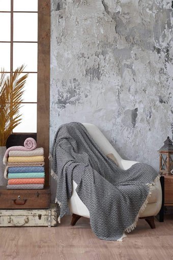 İpekçe Home Paradise Pamuklu Örgü Saçaklı Süngersiz Geometrik Desenli Siyah Tekli Koltuk Örtüsü 170x210 cm