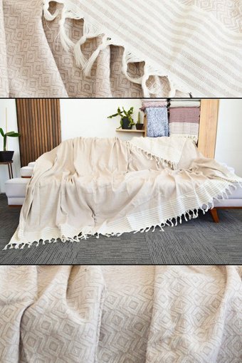 Mutlu Çeyiz Diamond Lüks Pamuklu Püsküllü Süngersiz Çizgili Bej Tekli Koltuk Örtüsü 180x300 cm