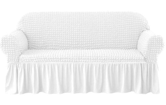 Özmakan Pamuklu - Polyester Likralı Jakarlı Süngersiz Düz Giydirmeli Beyaz Üçlü Koltuk Örtüsü 180x230 cm