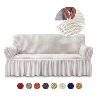 Nurlan Pamuklu - Polyester Bürümcük Fırfırlı Süngersiz Kareli Giydirmeli Bej Dörtlü Koltuk Örtüsü 180x230 cm
