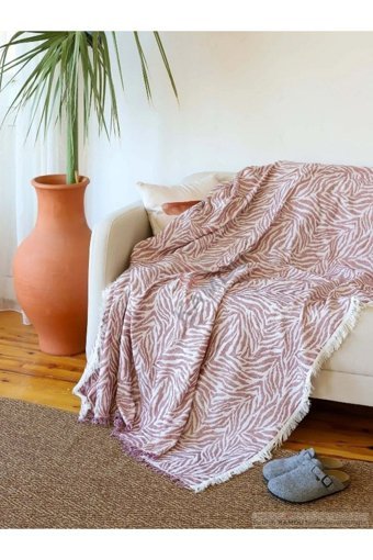 Xamantha Pamuklu Polar Saçaklı Süngersiz Çizgili Bordo Tekli Koltuk Örtüsü 160x210 cm