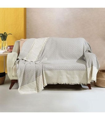Esila Life Pamuklu Kanvas Saçaklı Süngersiz Armürlü Gri Üçlü Koltuk Örtüsü 180x230 cm