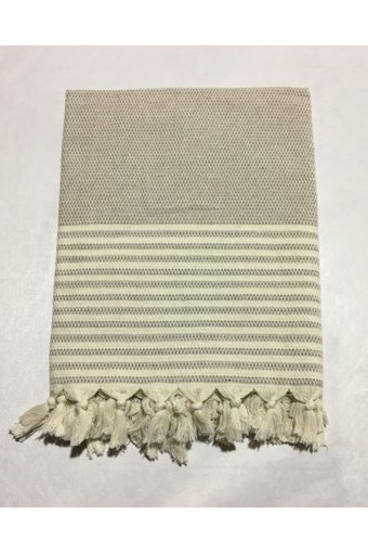 Durul Pamuklu Kanvas Püsküllü Süngersiz Armürlü Bej Üçlü Koltuk Örtüsü 180x215 cm