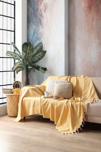 Miracolo Home Pamuklu Püsküllü Süngersiz Çizgili Sarı Tekli Koltuk Örtüsü 170x230 cm
