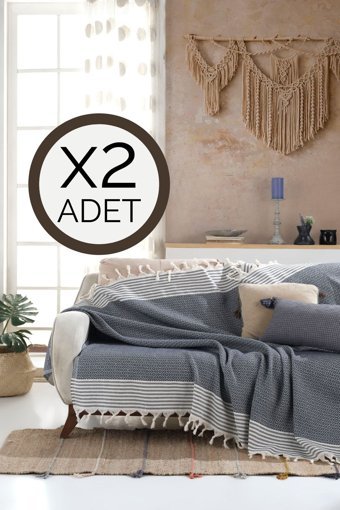 Lux Touch Bergama Pamuklu Püsküllü Süngersiz Geometrik Desenli Lacivert İkili Koltuk Örtüsü 180x200 cm