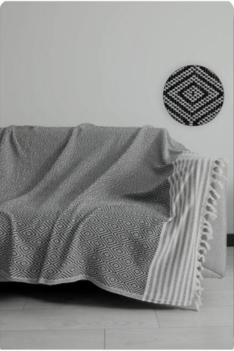 Peştemal Home Pamuklu Örgü Saçaklı Süngersiz Geometrik Desenli Siyah Üçlü Koltuk Örtüsü 220x180 cm