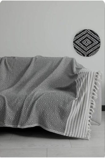 Peştemal Home Pamuklu Örgü Saçaklı Süngersiz Geometrik Desenli Siyah Üçlü Koltuk Örtüsü 220x180 cm