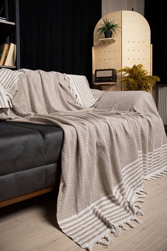 Home Mod Store Pamuklu Saçaklı Süngersiz Geometrik Desenli Bej Tekli Koltuk Örtüsü 180x220 cm