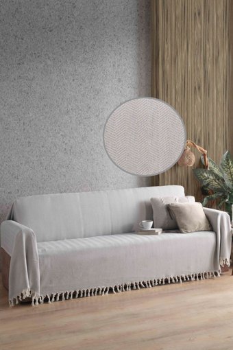 Ladynil Natural Pamuklu Saçaklı Süngersiz Çizgili Gri Tekli Koltuk Örtüsü 180x300 cm