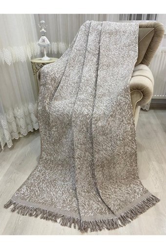 Özlü Home Pamuklu Örgü Saçaklı Süngersiz Çizgili Kahverengi Tekli Koltuk Örtüsü 170x220 cm