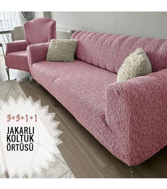 Tuchmall Likralı Jakarlı Süngerli Çizgili Giydirmeli Pembe Dörtlü Koltuk Örtüsü 180x230 cm
