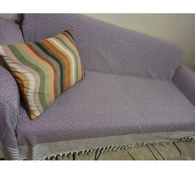 Şener Home Pamuklu Polar Saçaklı Süngersiz Çizgili Mor Üçlü Koltuk Örtüsü 170x301 cm