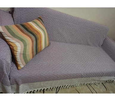 Şener Home Pamuklu Polar Saçaklı Süngersiz Çizgili Mor Üçlü Koltuk Örtüsü 170x301 cm