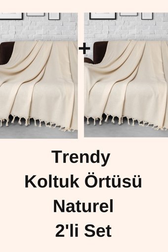 Denizli Concept Trendy Pamuklu - Polyester Kanvas Püsküllü Süngersiz Armürlü Beyaz Üçlü Koltuk Örtüsü 170x301 cm
