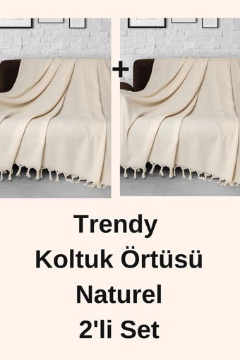 Denizli Concept Trendy Pamuklu - Polyester Kanvas Püsküllü Süngersiz Armürlü Beyaz Üçlü Koltuk Örtüsü 170x301 cm