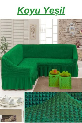 Uytm Polyester Bürümcük-Likralı Drapeli Süngerli Çizgili Giydirmeli Yeşil Tekli Koltuk Örtüsü 400x550 cm