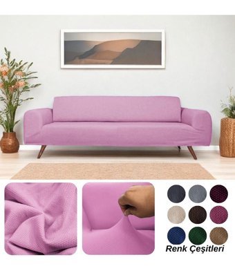 Etles Home Pamuklu - Polyester Likralı Jakarlı Süngersiz Armürlü Giydirmeli Pembe Üçlü Koltuk Örtüsü 230x160 cm