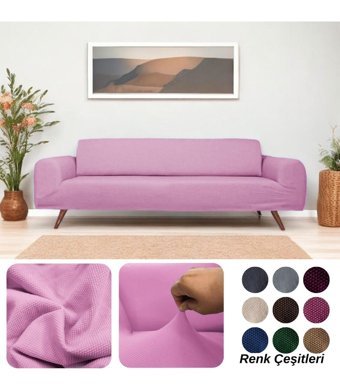 Etles Home Pamuklu - Polyester Likralı Jakarlı Süngersiz Armürlü Giydirmeli Pembe Üçlü Koltuk Örtüsü 230x160 cm