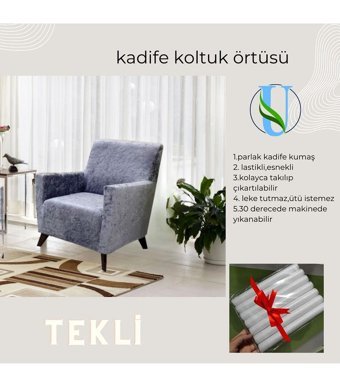 Uy Style Tekstil Kadife Süngerli Armürlü Giydirmeli Gri Tekli Koltuk Örtüsü 75x115 cm