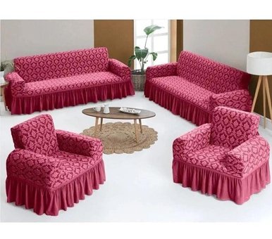 Uytm Pamuklu - Polyester Bürümcük-Likralı Drapeli Süngerli Çiçek Desenli Giydirmeli Bordo Dörtlü Koltuk Örtüsü 80x120 cm