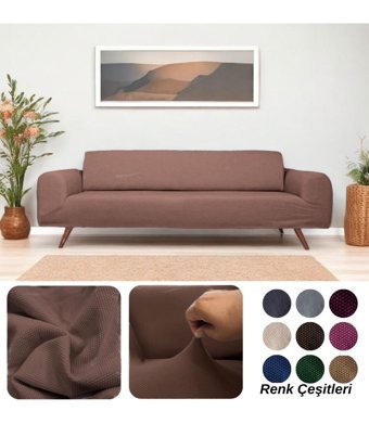 Etles Home Pamuklu - Polyester Likralı Jakarlı Süngersiz Armürlü Giydirmeli Kahverengi Üçlü Koltuk Örtüsü 230x160 cm