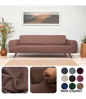 Etles Home Pamuklu - Polyester Likralı Jakarlı Süngersiz Armürlü Giydirmeli Kahverengi Üçlü Koltuk Örtüsü 230x160 cm