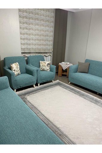 Uyumev Pamuklu - Polyester Bürümcük-Likralı Jakarlı Süngerli Çizgili Giydirmeli Yeşil Dörtlü Koltuk Örtüsü 180x230 cm