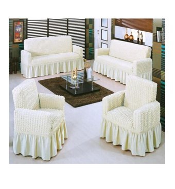 Prestij Pamuklu Bürümcük Fırfırlı Süngersiz Kareli Giydirmeli Beyaz Tekli Koltuk Örtüsü 130x170 cm