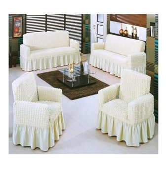 Prestij Pamuklu Bürümcük Fırfırlı Süngersiz Kareli Giydirmeli Beyaz Tekli Koltuk Örtüsü 130x170 cm