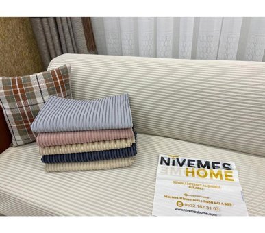 Nivemes Home Pamuklu - Polyester Fitilli Süngersiz Çizgili Ekru Tekli Koltuk Örtüsü 200x150 cm