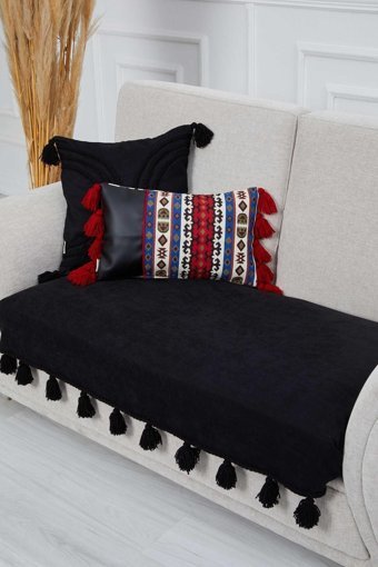 Aisha's Design KO-26-IK Polyester Örgü Püsküllü Süngersiz Düz Siyah Tekli Koltuk Örtüsü 90x155 cm