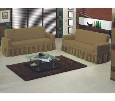 Bilgiçler Pamuklu - Polyester Bürümcük Fırfırlı Süngersiz Giydirmeli Lastikli Kahverengi İkili Koltuk Örtüsü 110x210 cm