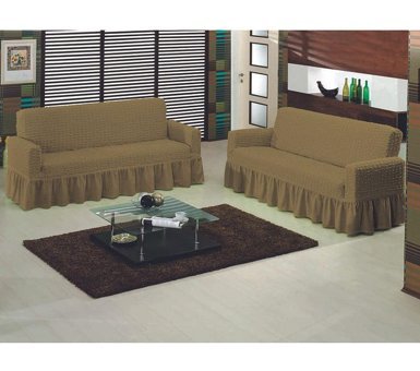 Bilgiçler Pamuklu - Polyester Bürümcük Fırfırlı Süngersiz Giydirmeli Lastikli Kahverengi İkili Koltuk Örtüsü 110x210 cm