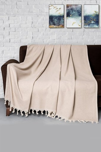 Denizli Concept Pamuklu - Polyester Kanvas Püsküllü Süngersiz Armürlü Bej Üçlü Koltuk Örtüsü 170x300 cm