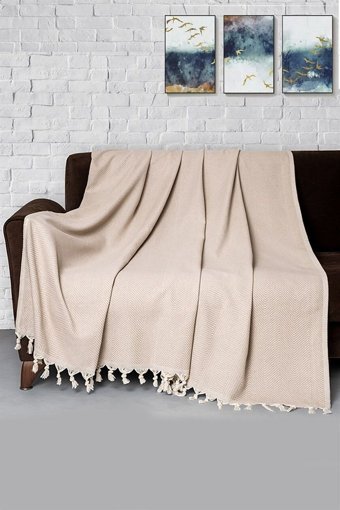 Denizli Concept Pamuklu - Polyester Kanvas Püsküllü Süngersiz Armürlü Bej Üçlü Koltuk Örtüsü 170x300 cm