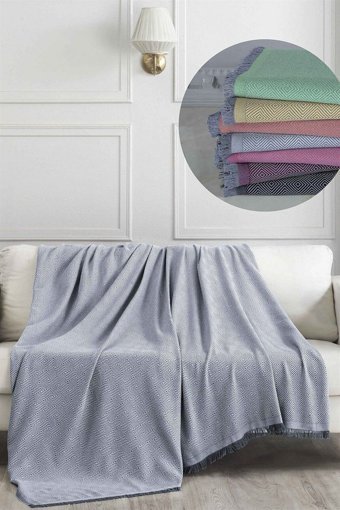 Denizli Concept Pamuklu - Polyester Kanvas Saçaklı Süngersiz Armürlü Gri Üçlü Koltuk Örtüsü 175x230 cm