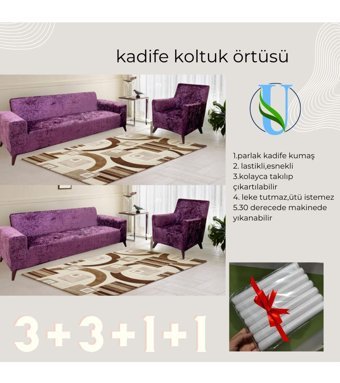 Uy Style Tekstil Kadife Süngerli Armürlü Giydirmeli Mor Dörtlü Koltuk Örtüsü 180x230 cm